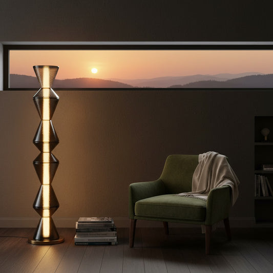 Lorvali Evette modern floor lamp with stacked glass urn-shaped shades and gold accents in a cozy living room setting.