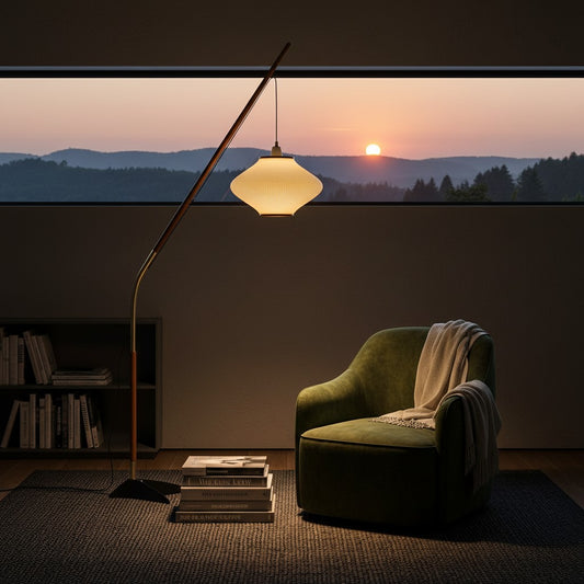 Lorvali Finlay Cantilever Floor Lamp with a pleated white shade and wooden pole beside a green armchair at sunset