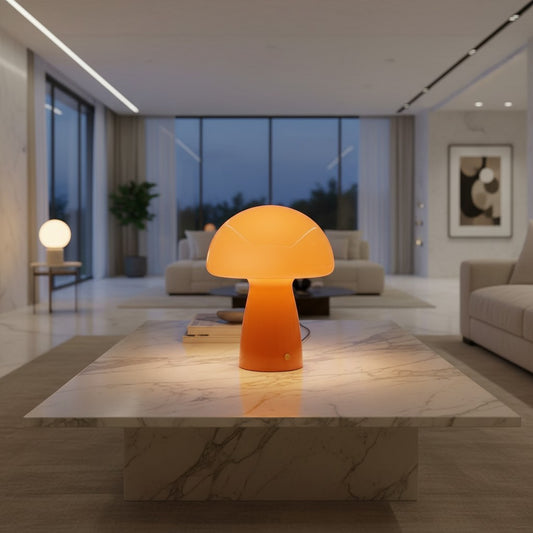 Lorvali Flarelly mushroom table lamp in vibrant orange glass, glowing softly on a marble coffee table in a modern living room.