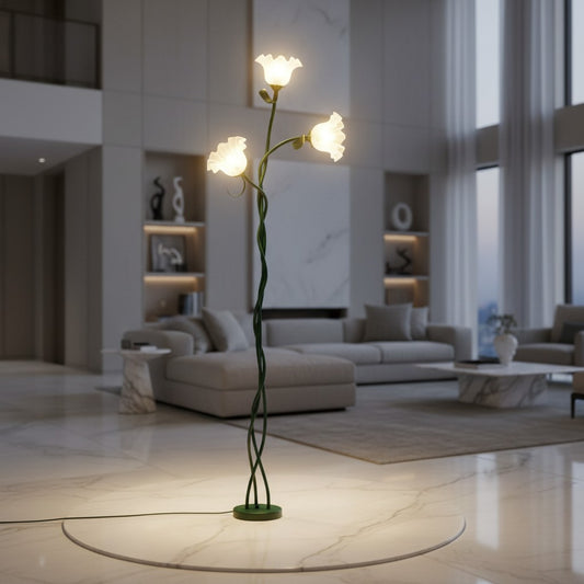 Lorvali three-headed flower floor lamp with green iron stems and clear glass shades in a modern living room