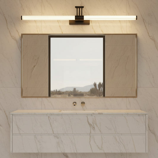 Lorvali modern foldable LED vanity light with adjustable arms mounted above a bathroom mirror on marble wall