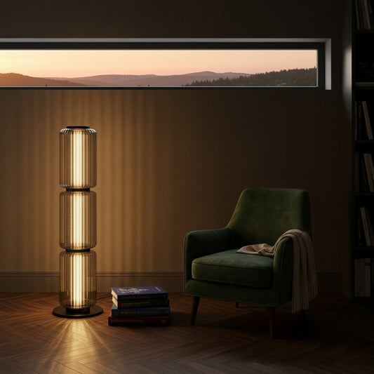 Lorvali Fulcrum Column Floor Lamp with three stacked smoke glass cylinders and warm LED light in a cozy room.