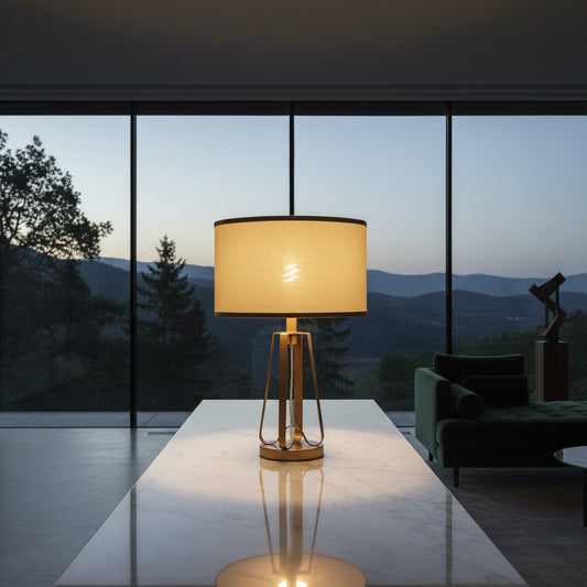 Lorvali 22-inch mid-century modern table lamp with a brushed brass geometric base and a golden faux silk drum shade.