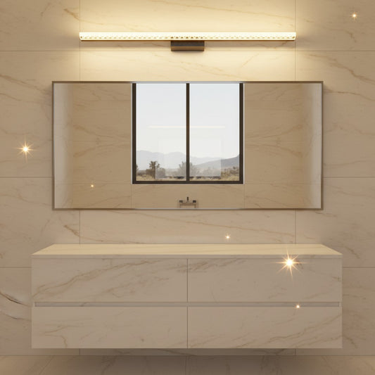Lorvali modern LED bathroom vanity light with geometric acrylic shade mounted above a mirror in a marble bathroom