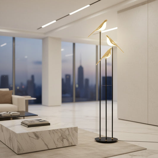 Lorvali bird floor lamp with three gold magpie figures and white acrylic shades in a modern minimalist living room.