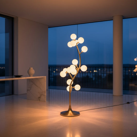 Lorvali gold floor lamp with a modern cotton tree design and glowing white spherical bulbs in a minimalist room