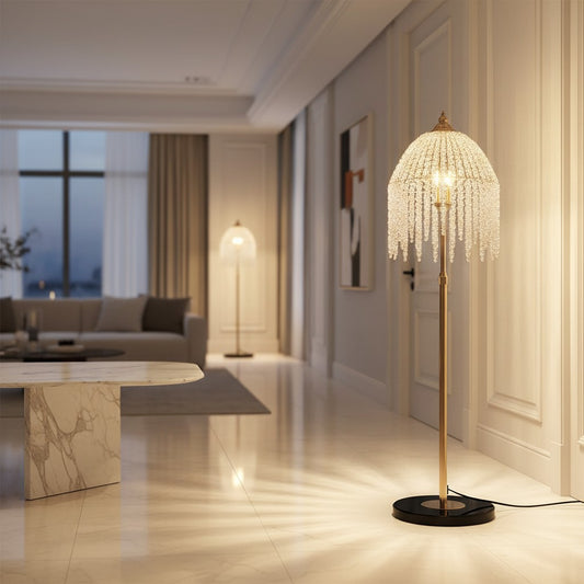 Lorvali luxury floor lamp with a gold hardware frame and cascading transparent crystal shade in a modern living room.