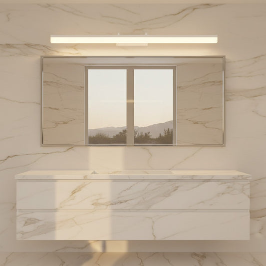 Lorvali modern gold extendable LED bathroom vanity light bar mounted above a mirror in a marble-tiled bathroom