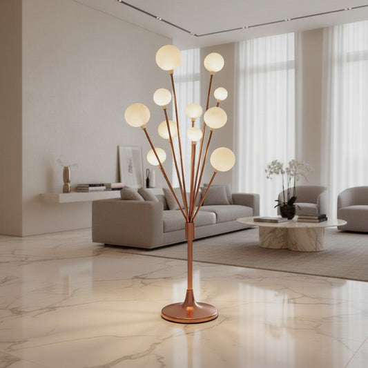 Lorvali floor lamp with a gold wrought iron Happiness Fruit Tree design and multiple glowing white spherical shades.