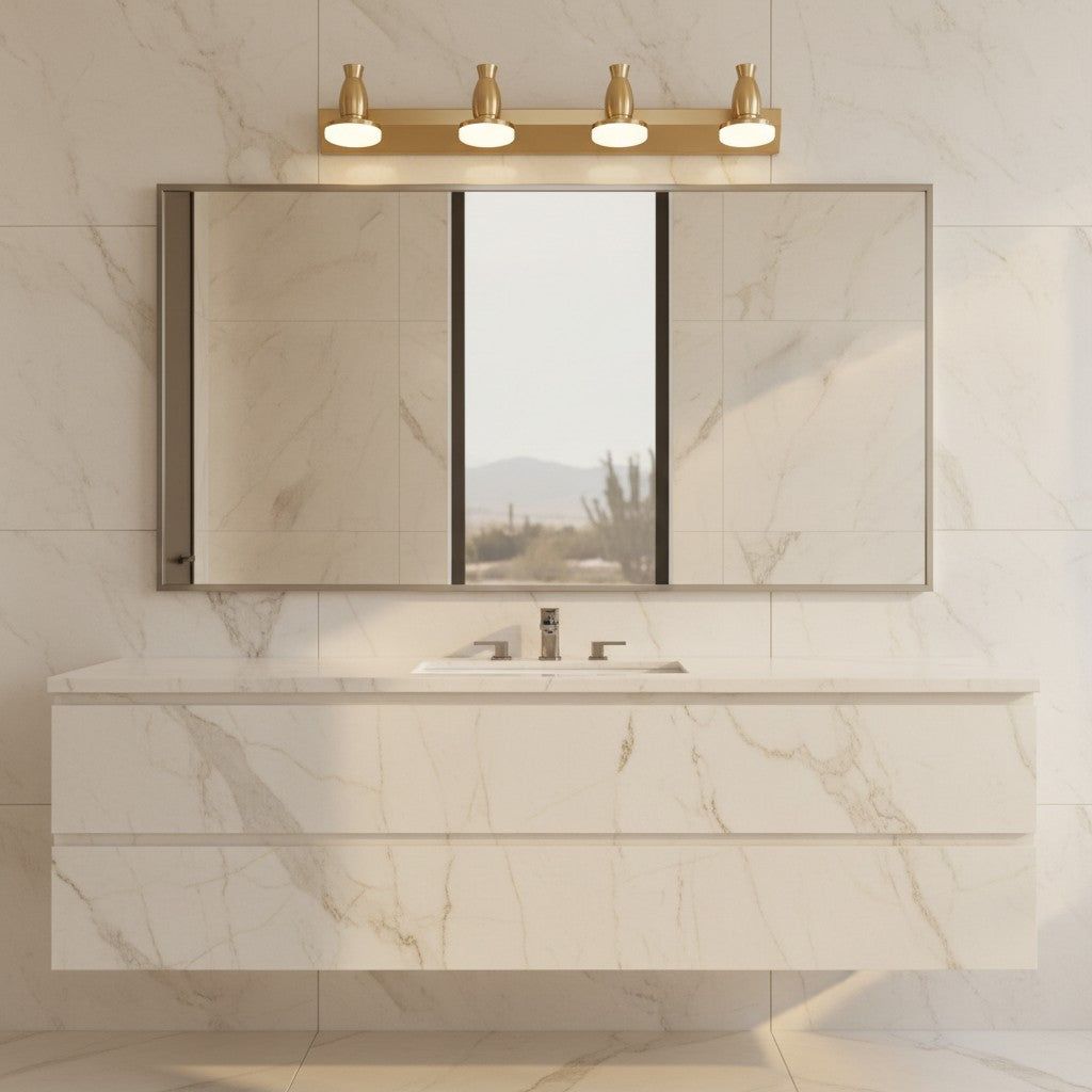 Lorvali 4-light gold LED bathroom vanity fixture with rotatable heads mounted above a modern marble vanity mirror