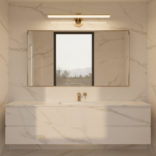 Lorvali modern gold LED vanity light bar mounted above a rectangular mirror in a marble bathroom