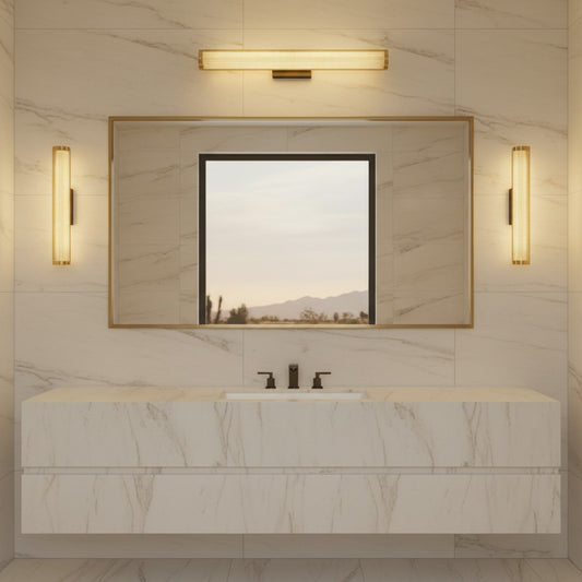 Lorvali gold perforated cylindrical LED vanity lights mounted on a marble bathroom wall around a rectangular mirror.