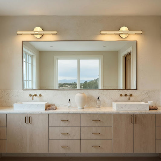 Lorvali contemporary gold vanity light bar with ribbed metal design mounted above a bathroom mirror