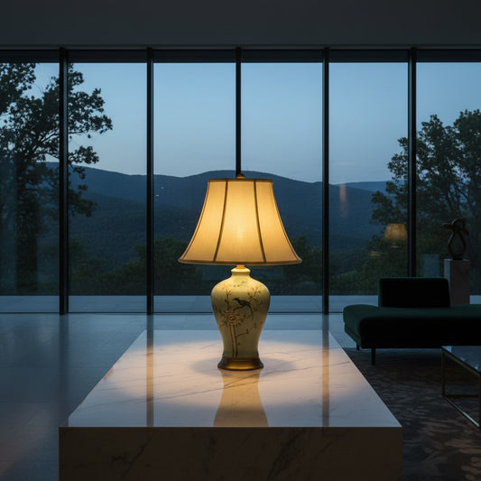Lorvali green porcelain table lamp with bird and branch motifs and an off-white bell shade on a marble table.