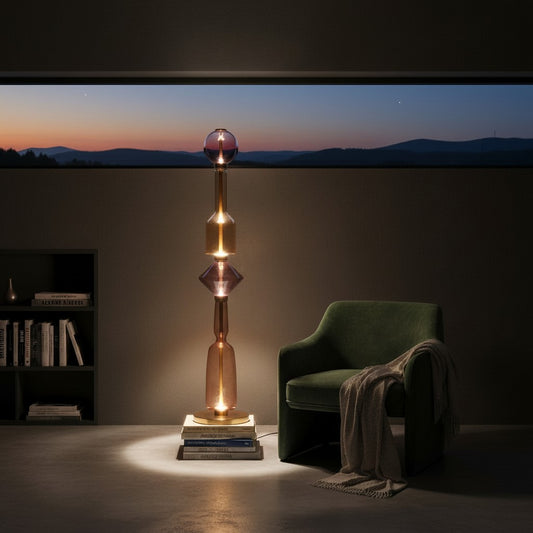 Lorvali Gusto floor lamp with stacked purple and amber glass elements on a copper base next to a green armchair.