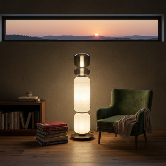 Lorvali Haiku modern floor lamp with stacked white and smoke gray blown glass shades and a black iron base in a room.