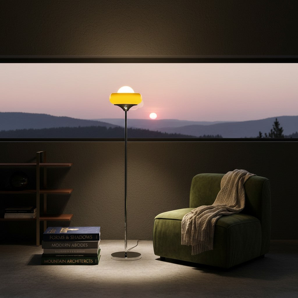 Lorvali Harvey floor lamp with orange and white glass shade and chrome stand in a cozy living room at sunset