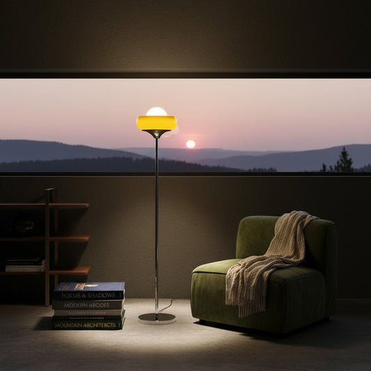 Lorvali Harvey floor lamp with orange and white glass shade and chrome stand in a cozy living room at sunset