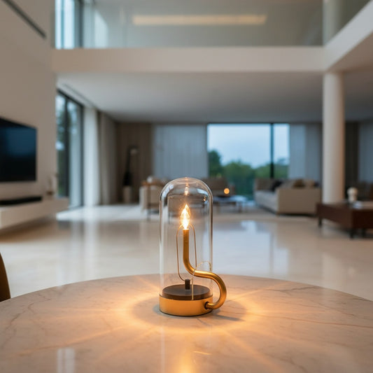 Lorvali Hymn cordless table lamp with a glass dome and copper base, emitting a warm LED glow on a marble table.