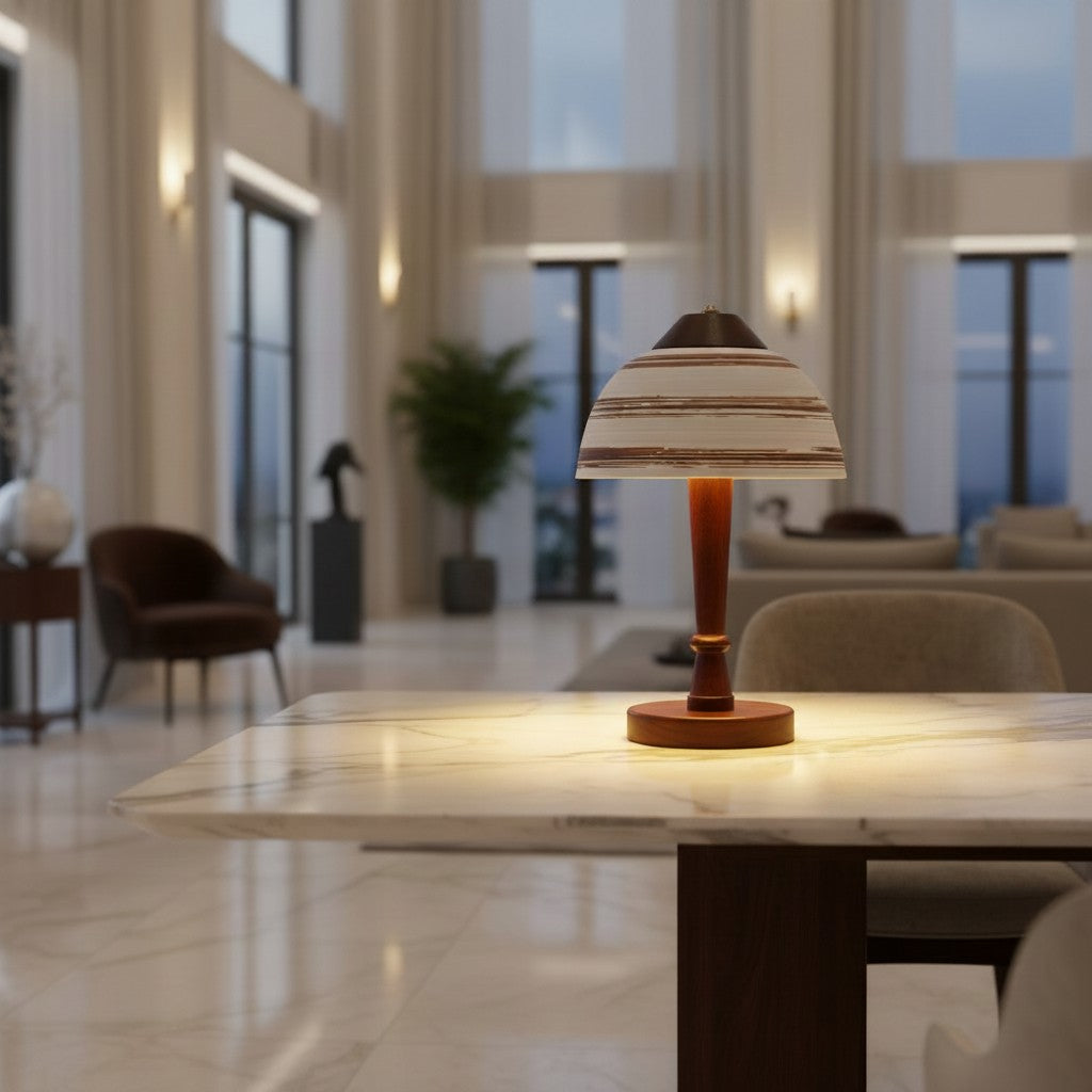Lorvali Japanese retro table lamp with a white patterned resin shade and walnut wood base on a marble dining table.