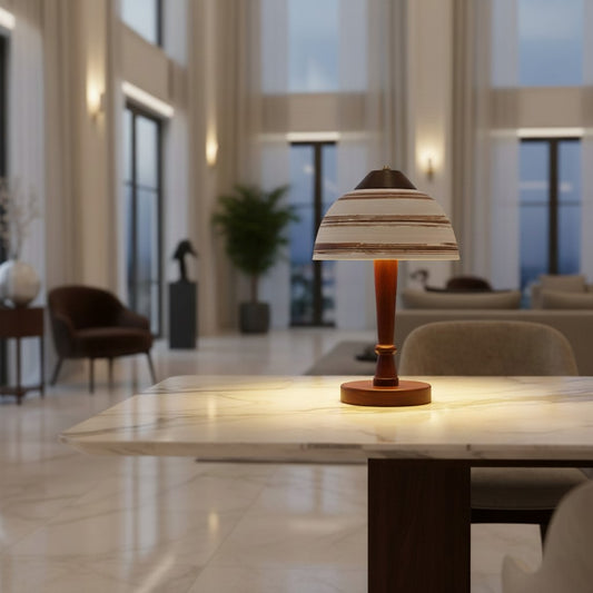 Lorvali Japanese retro table lamp with a white patterned resin shade and walnut wood base on a marble dining table.