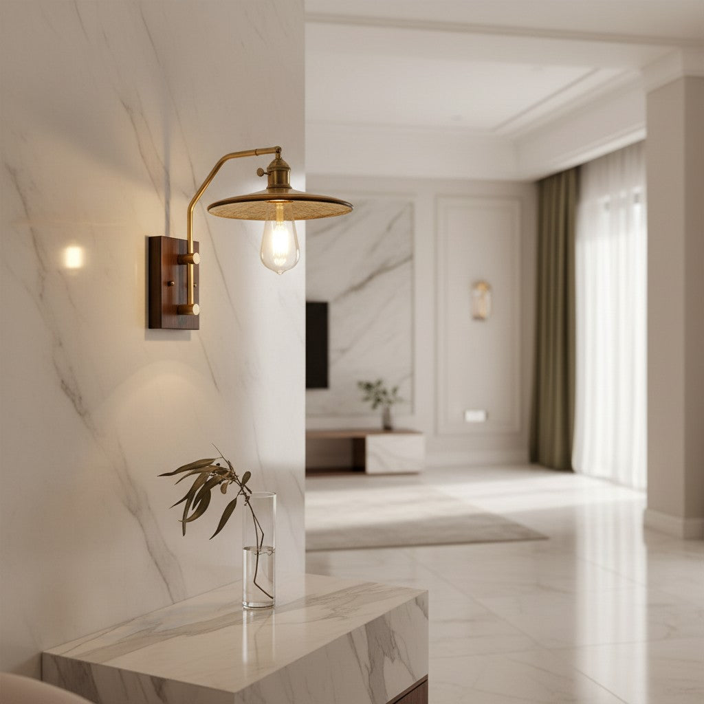Lorvali Japanese retro wall light with a rubberwood base, gold iron arm, and clear glass shade in a modern interior.