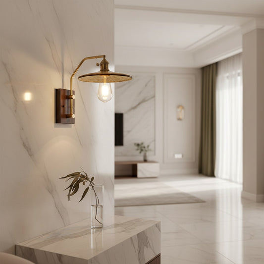 Lorvali Japanese retro wall light with a rubberwood base, gold iron arm, and clear glass shade in a modern interior.