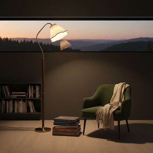 Lorvali Keith floor lamp with gold metal, walnut wood, and white pleated shade next to a green armchair at sunset.