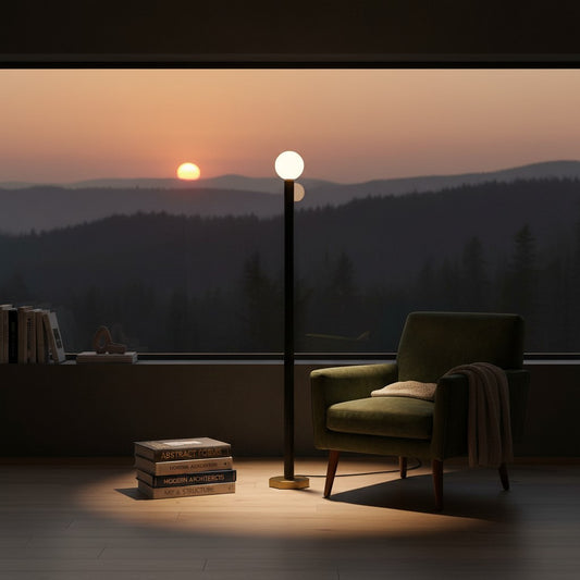 Lorvali Kelly Globe Floor Lamp with a slender black pole and opal glass shade in a cozy room at sunset.