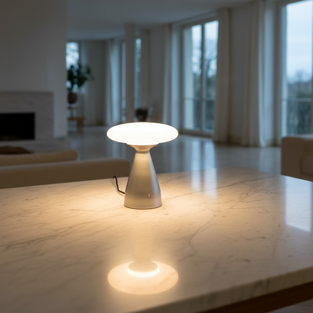 Lorvali Klaus modern battery-powered table lamp with a white glass shade and nickel aluminum base on a marble table