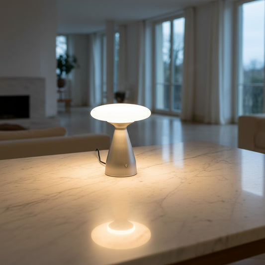 Lorvali Klaus modern battery-powered table lamp with a white glass shade and nickel aluminum base on a marble table