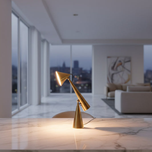 Lorvali Kono Dual Cone Table Lamp in a brushed gold finish, featuring an adjustable pivoting shade on a marble table.