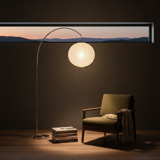 Lorvali Kora Arc Floor Lamp with a white paper lantern shade and chrome neck, standing beside an armchair at sunset.