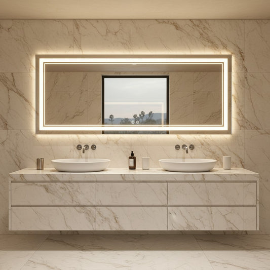 Lorvali modern rectangular bathroom vanity mirror with integrated LED lighting and anti-fog technology in a marble room