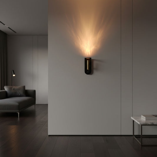 Lorvali 3W LED wall sconce with a gold and black finish, featuring an acrylic shade that creates a flame light effect.
