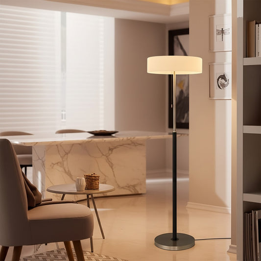 Lorvali floor lamp with a frosted glass drum shade and sleek metal stand, illuminating a modern living room.