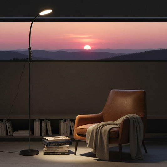 Lorvali minimalist black LED floor reading lamp with adjustable head next to a leather armchair at sunset