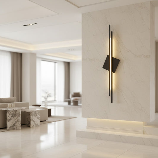 Lorvali modern linear wall sconce with black geometric frame and acrylic light strip mounted on a marble pillar