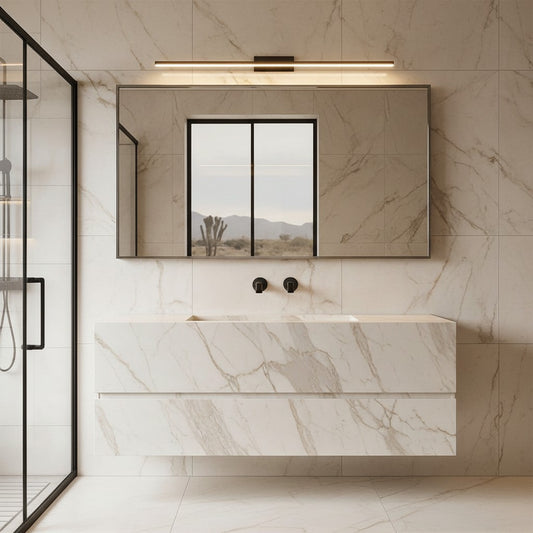 Lorvali modern linear LED vanity light bar with black finish mounted above a bathroom mirror on marble wall tiles.
