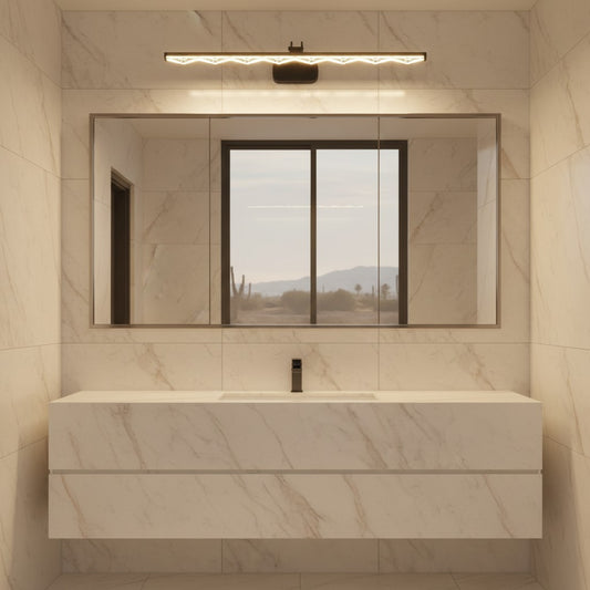 Lorvali modern linear LED vanity light with a wavy prismatic acrylic shade mounted above a bathroom mirror.