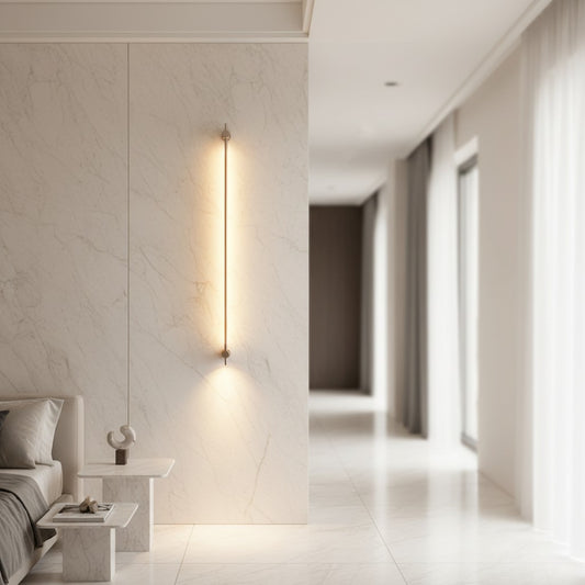 Lorvali modern long linear LED wall sconce in stainless steel with warm glow mounted on a marble accent wall