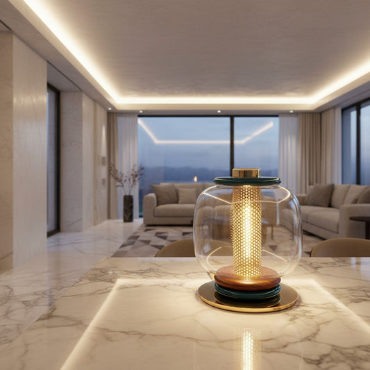 Lorvali Loulou modern table lamp with a clear glass globe and perforated metal cylinder on a marble surface