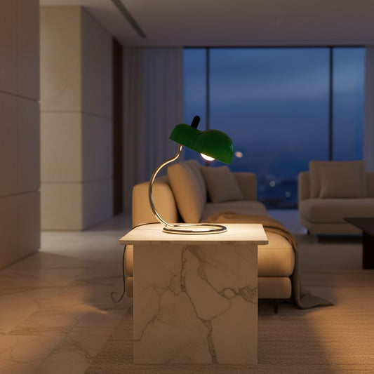 Lorvali Marcello desk lamp in green with a polished chrome frame, sitting on a marble side table in a modern living room.