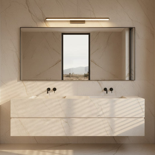 Lorvali contemporary matte black LED vanity light bar mounted above a modern bathroom mirror and double sink vanity.