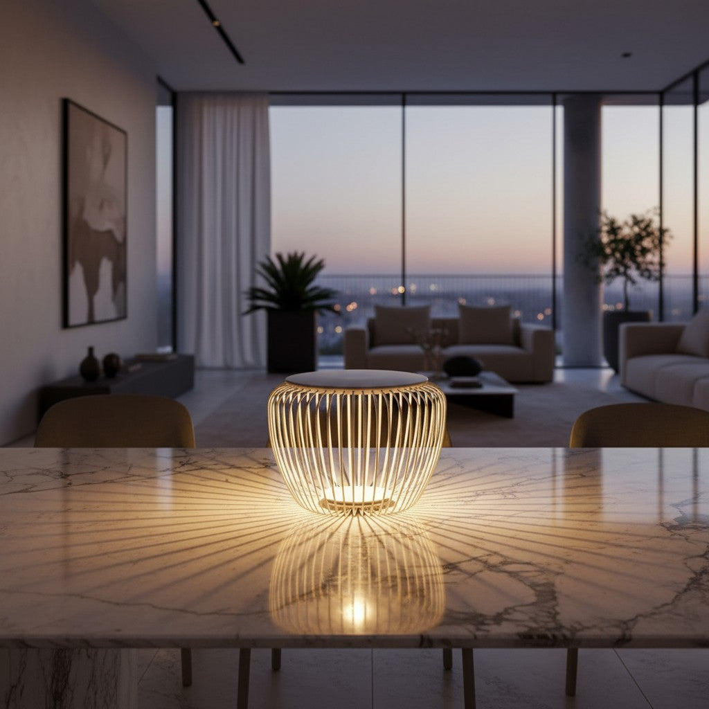 Lorvali Meridiano modern white and gray metal outdoor LED garden light stool with radial light pattern on table