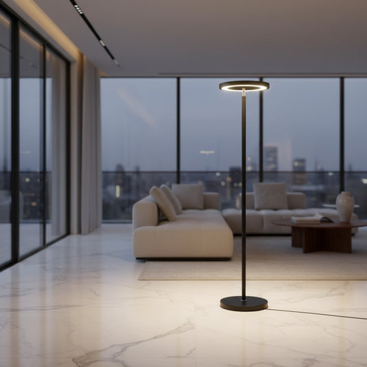 Lorvali minimalist black metal floor lamp with a circular LED head in a modern living room with city view.