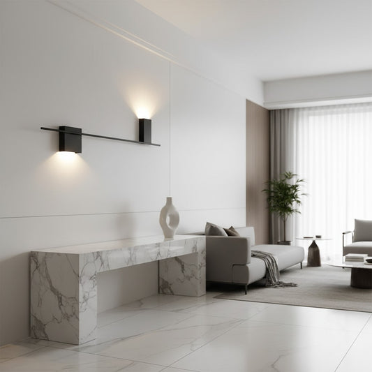 Lorvali modern minimalist black iron wall lamp with transparent lens, mounted in a bright contemporary living room.