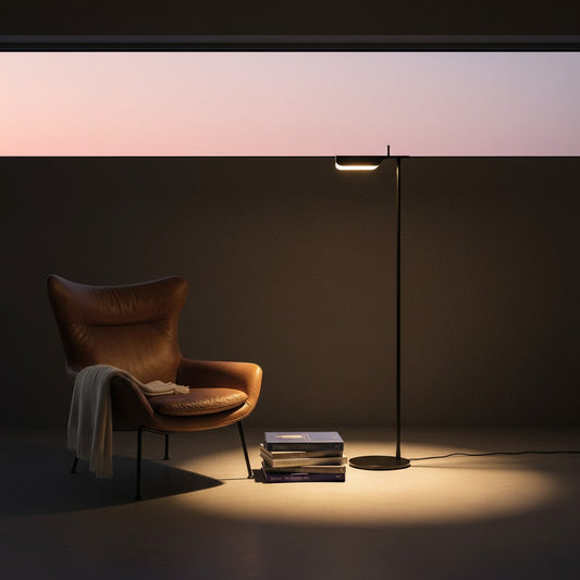 Lorvali minimalist black LED floor lamp with adjustable head beside a brown leather armchair in a cozy room