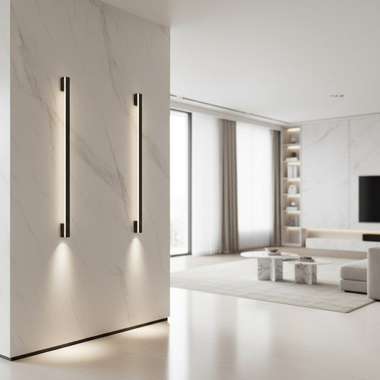 Lorvali modern minimalist black linear LED wall lamps mounted on a white marble wall in a bright living room.