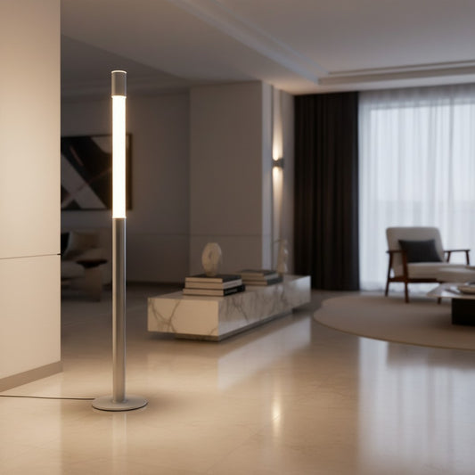 Lorvali minimalist Italian floor lamp in silver-gray aluminum with a warm LED acrylic shade in a modern living room.
